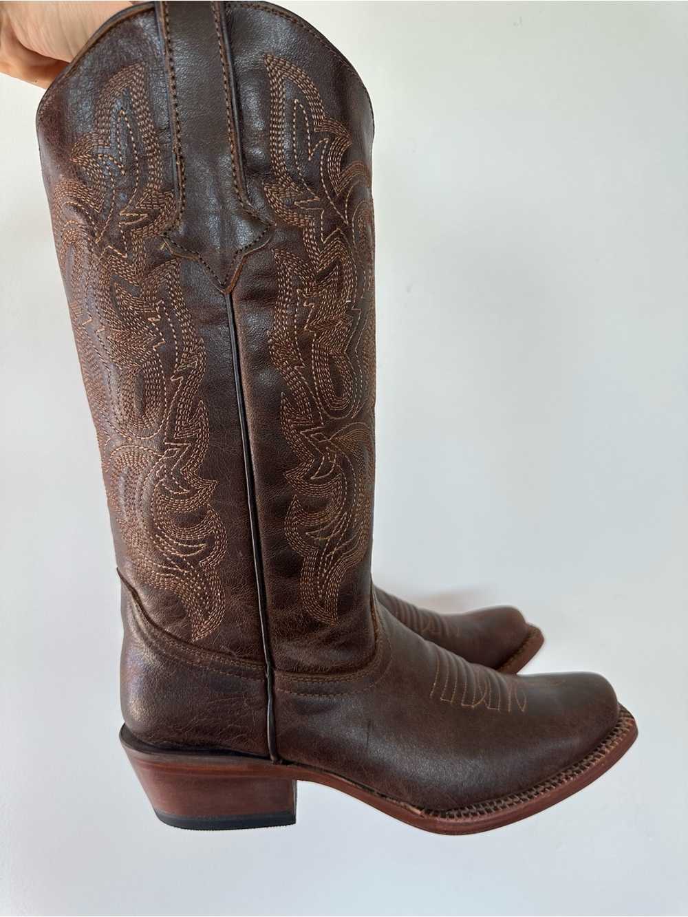 Women's Brown Embroidered Leather Western Knee-High Boots
